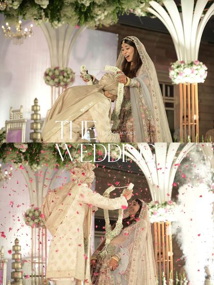 A collage capturing the joyous moments of a wedding, with the beautifully decorated stage featuring grand white floral structures and a traditional Pichwai painting of Shrinathji.