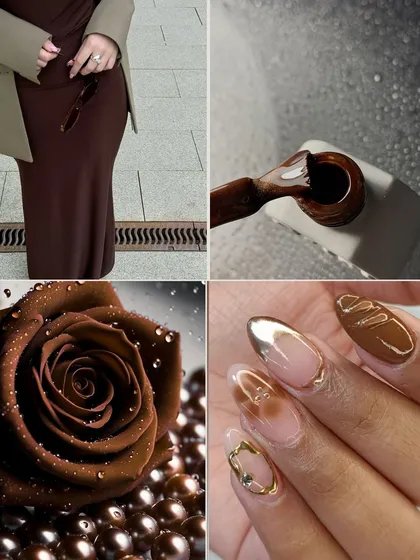 A mood board dedicated to rich, chocolatey brown tones. This is the inspiration for my warm, sophisticated nail designs, perfect for the autumn season.