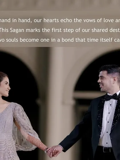 A beautiful image of the couple holding hands, overlaid with a heartfelt quote about their Sagan ceremony. This style of edit adds a layer of personal narrative to the photograph.