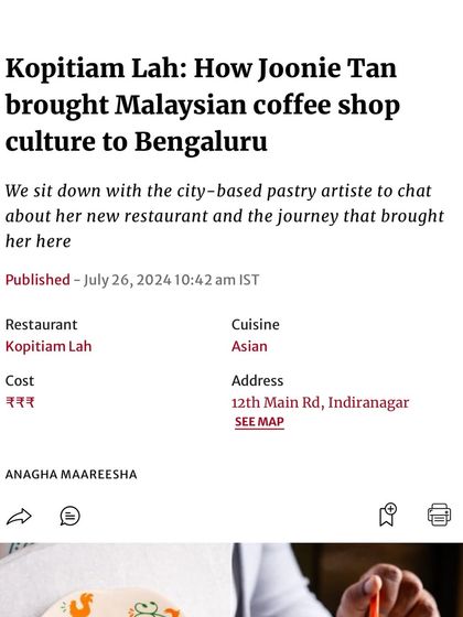 A screenshot from a wonderful article about how I brought Malaysian coffee shop culture to Bengaluru. It was lovely chatting about my journey and the story behind Kopitiam Lah.