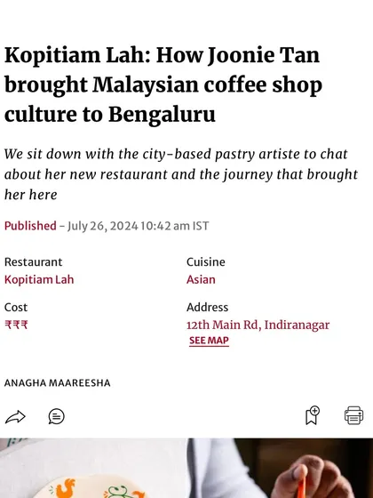 A screenshot from a wonderful article about how I brought Malaysian coffee shop culture to Bengaluru. It was lovely chatting about my journey and the story behind Kopitiam Lah.