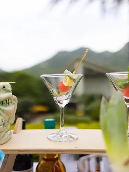 Cheers to love! Beautifully garnished cocktails in unique glassware, ready to be served at an outdoor celebration with a stunning natural backdrop.