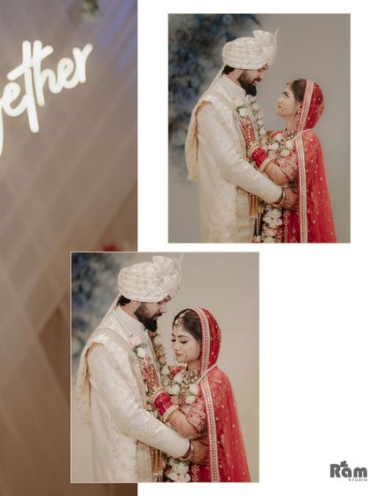 A collage of the newly married couple, capturing their loving gazes and gentle interactions. The "Together" sign in the background reinforces the theme of their union.