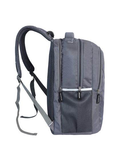 A side view of a grey travel backpack, showing the mesh water bottle pocket.
