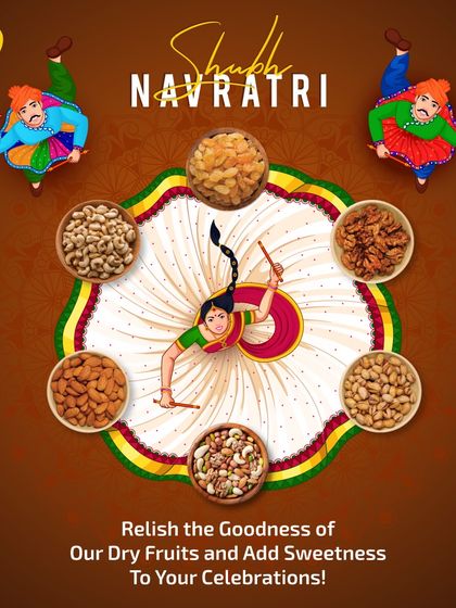 Relish the goodness of my dry fruits and add sweetness to your Navratri celebrations. This image captures the joy and energy of Garba, powered by healthy snacking.