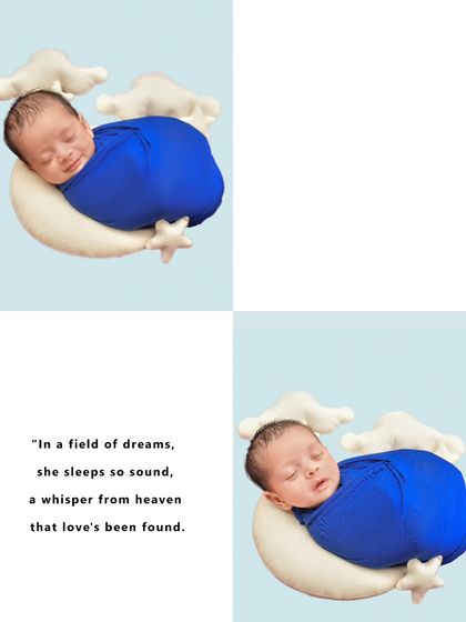 This collage captures a baby sleeping on a crescent moon prop, creating a dreamy, celestial theme. The quote emphasizes the magical and heavenly feeling of welcoming a new life.
