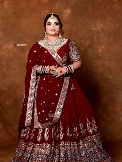 A full shot displaying the beautiful flow of the lehenga. The bride's makeup remains a central, radiant focus.