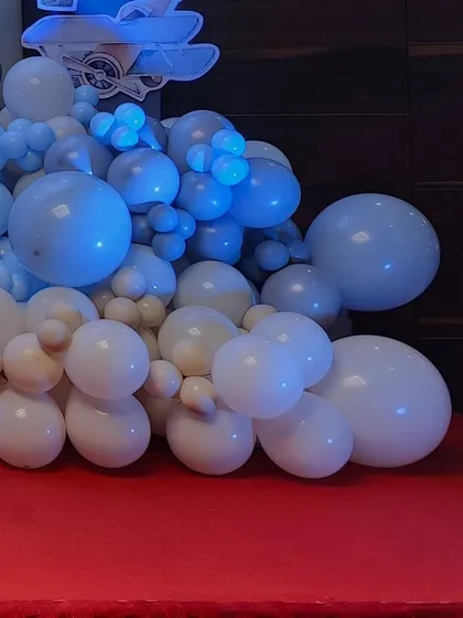 A close-up of the balloon clouds, created with different-sized balloons to give a fluffy, organic feel.
