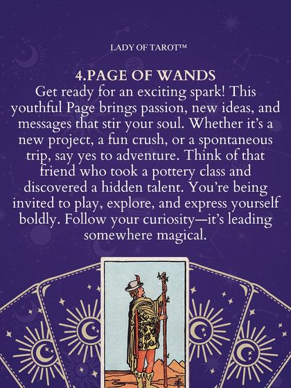 The Page of Wands brings an exciting spark. This youthful Page brings passion, new ideas, and messages that stir your soul. You're being invited to play, explore, and express yourself boldly. Follow your curiosity.