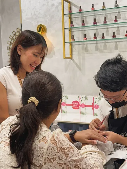 Smiles and happy clients at our blogger event. This photo captures the fun and engaging atmosphere we strive to create in our salon every day.
