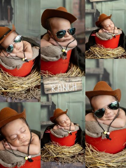 A full gallery of our little rancher. This collage showcases the variety of portraits, from close-ups to wider shots, that we can achieve in a single themed session.