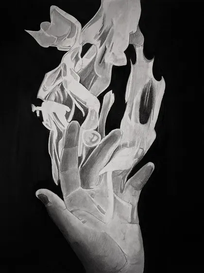 "Fire." The final piece in the elements triptych, this drawing depicts a hand engulfed in stylized flames.