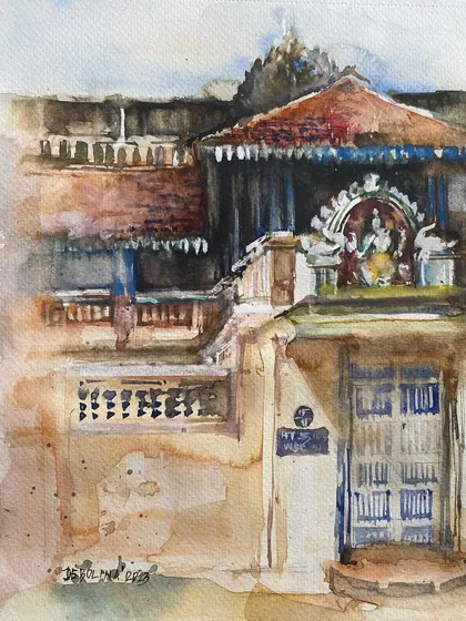 Inspired by a trip to Karaikudi, this watercolor illustrates a beautiful Chettinad house. The intricate architecture and palatial designs of this region tell so many stories.