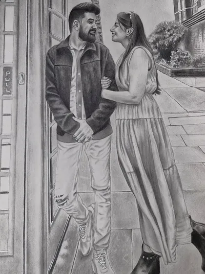 A full-length couple portrait, capturing a romantic moment. My sketches can include backgrounds and full figures to tell a bigger story.