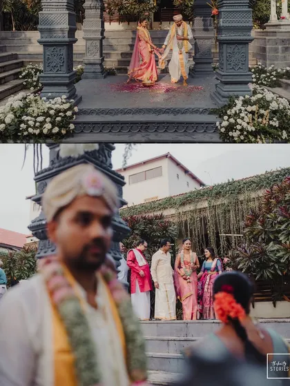 A creative composition showing the groom in the foreground and the bride's procession in the background, telling a story of anticipation and arrival.