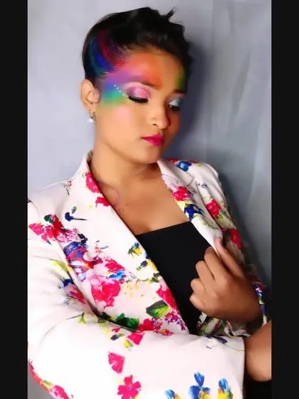 The full look for my Holi-inspired creation, pairing the colorful makeup with a floral blazer to celebrate the festival of colors in a chic, fashionable way.