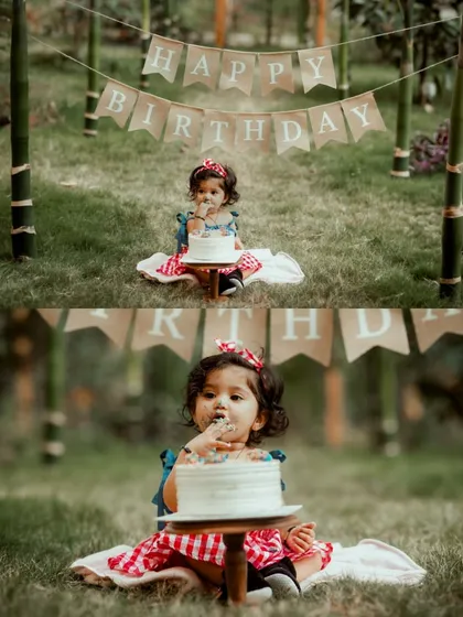 A two-panel image showing a baby girl before and during her outdoor cake smash, capturing her delight as she gets her hands messy.