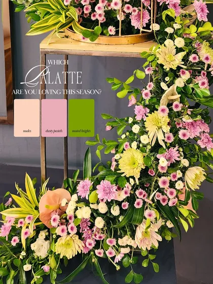 Every celebration starts with a color crush. This image shows a beautiful floral arrangement and asks clients to choose their favorite palette, from nude and dusty pink to muted brights, showing how we customize decor to their style.