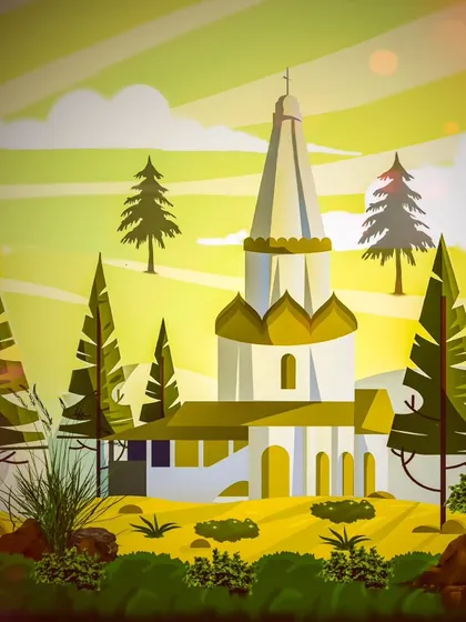 The church illustration with a warm, bokeh light effect for a dreamy atmosphere.