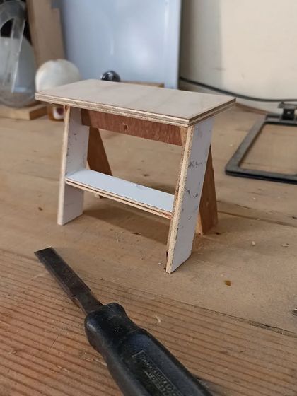 A finished miniature stool prototype. Building small-scale models like this is a quick and efficient way to test a design's form and function.