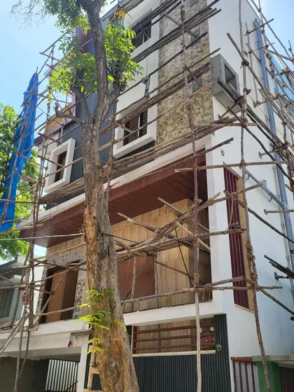 A look at our elevation work in progress on a building in Bangalore. This photo shows our team actively translating the architectural plans into a physical structure, with scaffolding in place for exterior cladding and finishing.