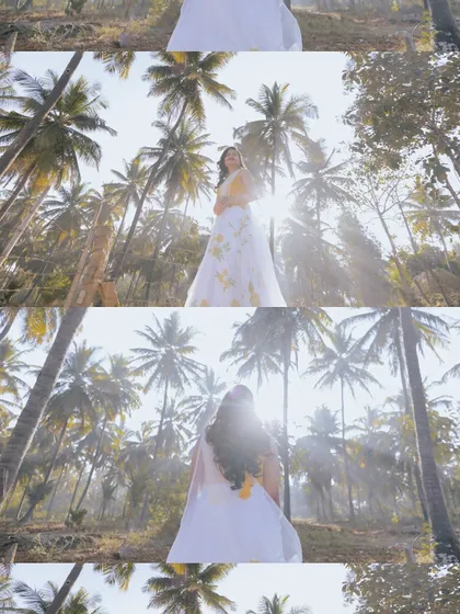 A collage of a bride's portraits from her Haldi ceremony, capturing her joyful twirls under palm trees.