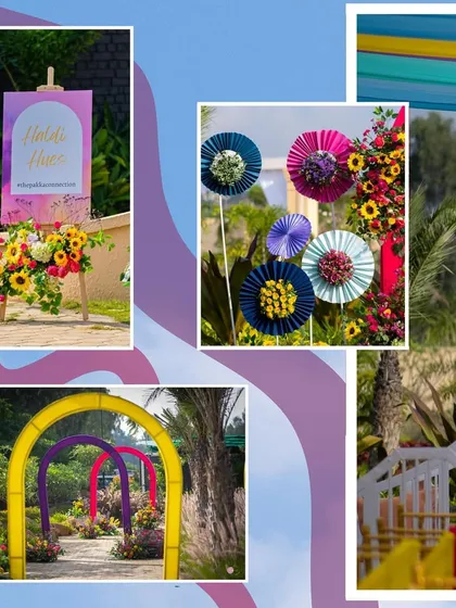 A collage of the colorful details from the Haldi ceremony, from the welcome sign to the paper fans and arches.
