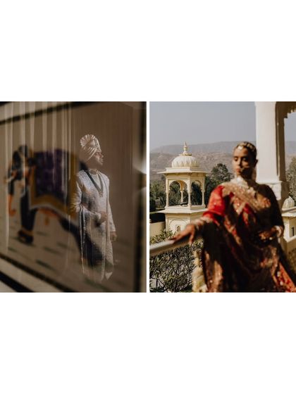An artistic collage with a reflection of the groom and a portrait of the bride on a balcony, playing with light and perspective.