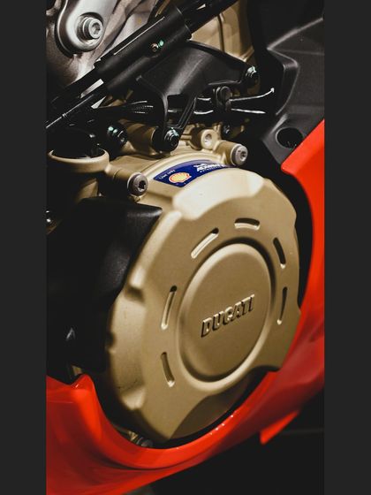 A close-up of the Ducati's engine casing, a work of art in itself.