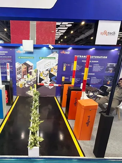 A full view of our entrance automation display at Traffic Infratech 2024, featuring a variety of our boom barrier models.