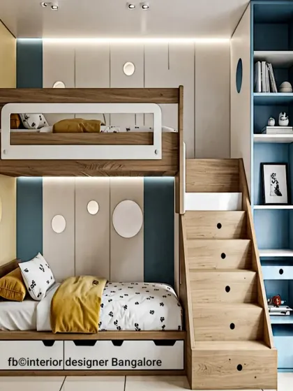 Maximizing space in a shared children's room with a custom bunk bed. This design includes built-in storage drawers under the lower bunk and a staircase that doubles as a set of drawers, ensuring every inch is used effectively.