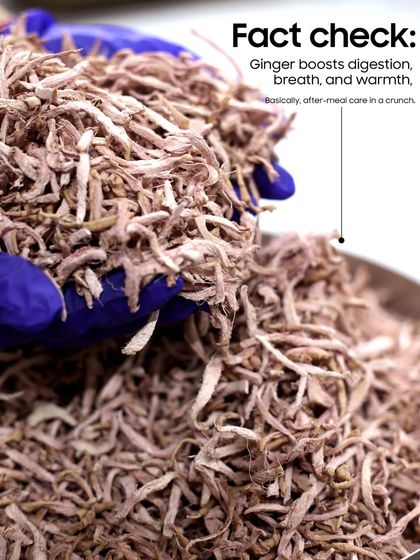 This image fact-checks the benefits of my Ginger Crisps. They are designed to boost digestion and freshen your breath, providing perfect after-meal care in a satisfying crunch.