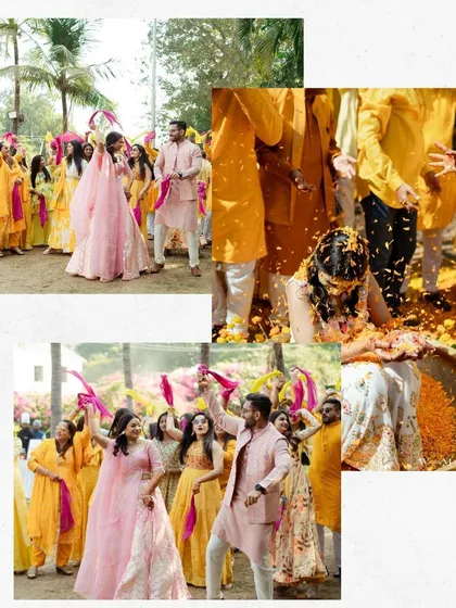 A collage capturing the energy of the Haldi ceremony, from the couple's grand entrance to being showered with flower petals by friends and family. It's a snapshot of pure, chaotic joy.