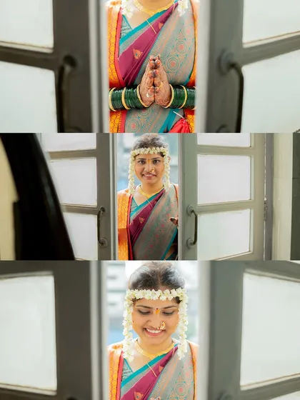 A creative series of bridal portraits taken through a window frame, capturing her shy smiles and graceful poses.