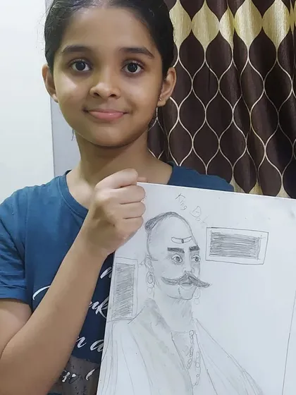 This is a pencil sketch portrait by Pranvi, a 4th-grade student in our online class. We teach the fundamentals of portraiture, focusing on capturing facial features and expressions.