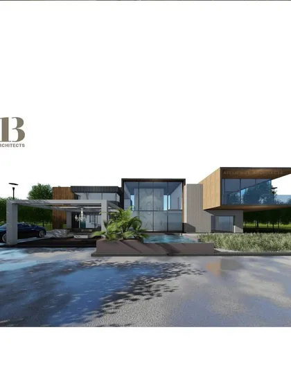 This perspective of a minimalist farmhouse illustrates our use of cantilevered structures to create dramatic overhangs and sheltered outdoor spaces. The design combines wood, glass, and stone to create a residence that feels grounded in its environment yet strikingly modern.