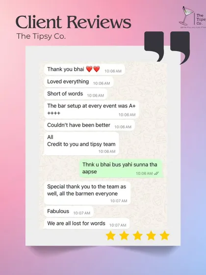 Nothing speaks louder than a happy client. This feedback, praising our bar setup as "A++++", is the kind of reaction we strive for at every single event.