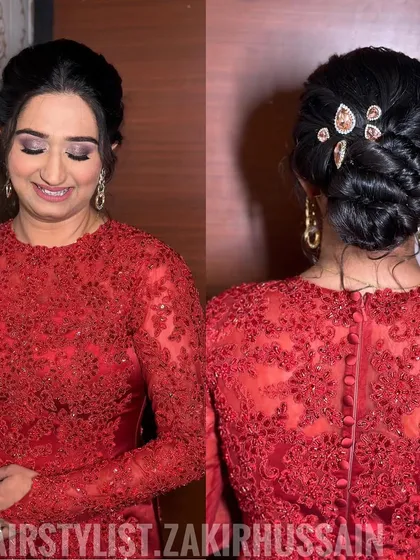 A front and back view of the jeweled braided updo, showing how it complements the client's overall look.