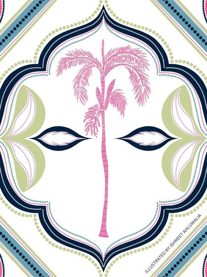 A tile from the 'Tropical Tapestry' series featuring a pink palm tree. This motif combines a classic tropical symbol with a bold, modern colour palette and elegant framing.