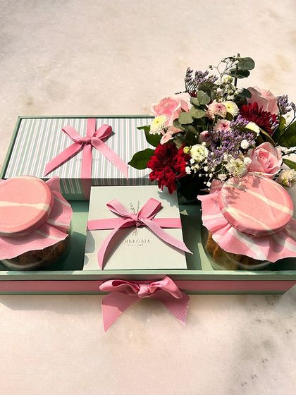 Customised gifts that leave a lasting impression. This elegant tray in shades of pink and mint was part of a large wedding order, designed to make the occasion unforgettable.