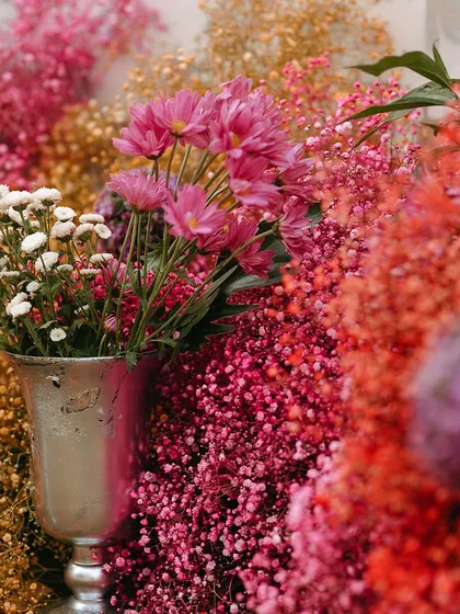 A sea of colorful baby's breath flowers. Using flowers in abundance and in bold colors is a great way to make a strong visual impact.