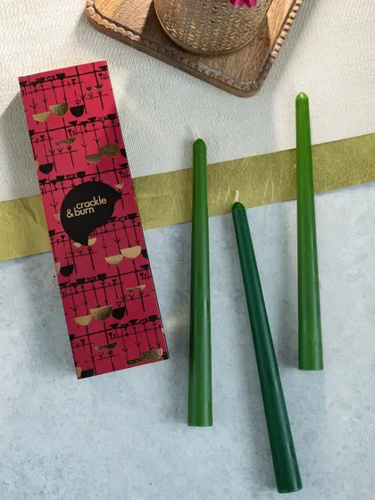 Simple and elegant, my hand-poured tapered candles are perfect for a classic Christmas look. Here they are in a deep forest green, packaged in my custom-designed box.