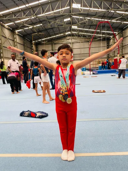 We build champions from the ground up. Here is one of our young rising stars, Saurvik Khanna, celebrating his all-around performance and multiple medals at a national level competition.