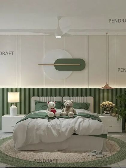 A full view of the green-themed kids' room, showing the paneled wall, playful wallpaper, and a circular rug that ties the entire design together.