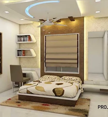 A 3D render of a bedroom concept. The design includes a study desk, open shelving, and a simple, modern bed, perfect for a child's or guest room.
