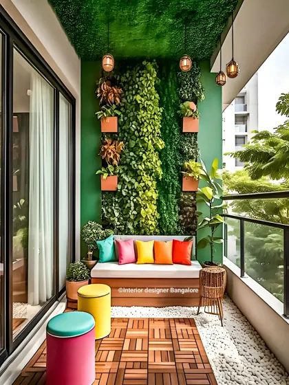 Color is used strategically in this design to create a vibrant yet balanced look. The rainbow-colored cushions on the bench and the bright yellow and blue stools stand out against the deep green of the vertical garden and accent wall, creating a cheerful seating area.