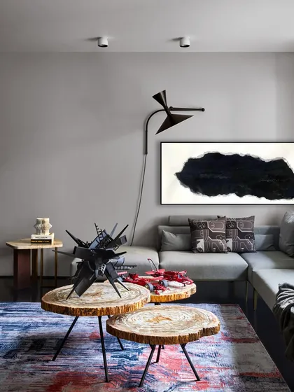 A lounge area in the Baid Residence featuring petrified wood coffee tables and a striking black sculpture by Martand Khosla. The space is a study in contrasts, blending organic forms with industrial materials.
