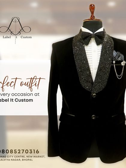 This graphic presents the black tuxedo with a sparkling lapel as the perfect outfit for every occasion. It's a versatile and timeless piece that is a cornerstone of my custom evening wear collection.