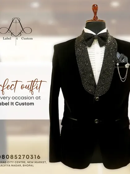 A perfect outfit for every occasion. This graphic features a black tuxedo with sparkling lapels, a versatile choice for any formal event.