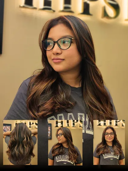 This collage shows a client's hair transformation, featuring beautiful highlights and a soft, wavy style.